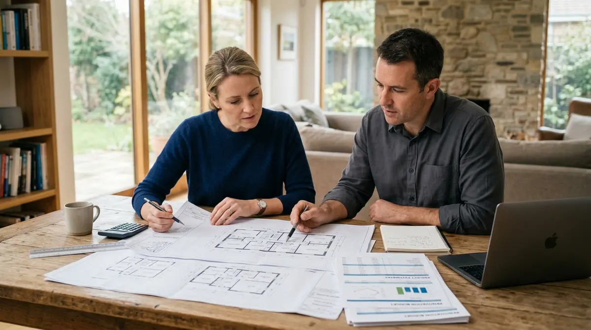 Homeowner reviewing financial documents and blueprints for a home renovation project