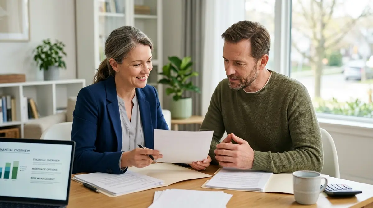Financial advisor explaining mortgage terms and risk mitigation to a homeowner