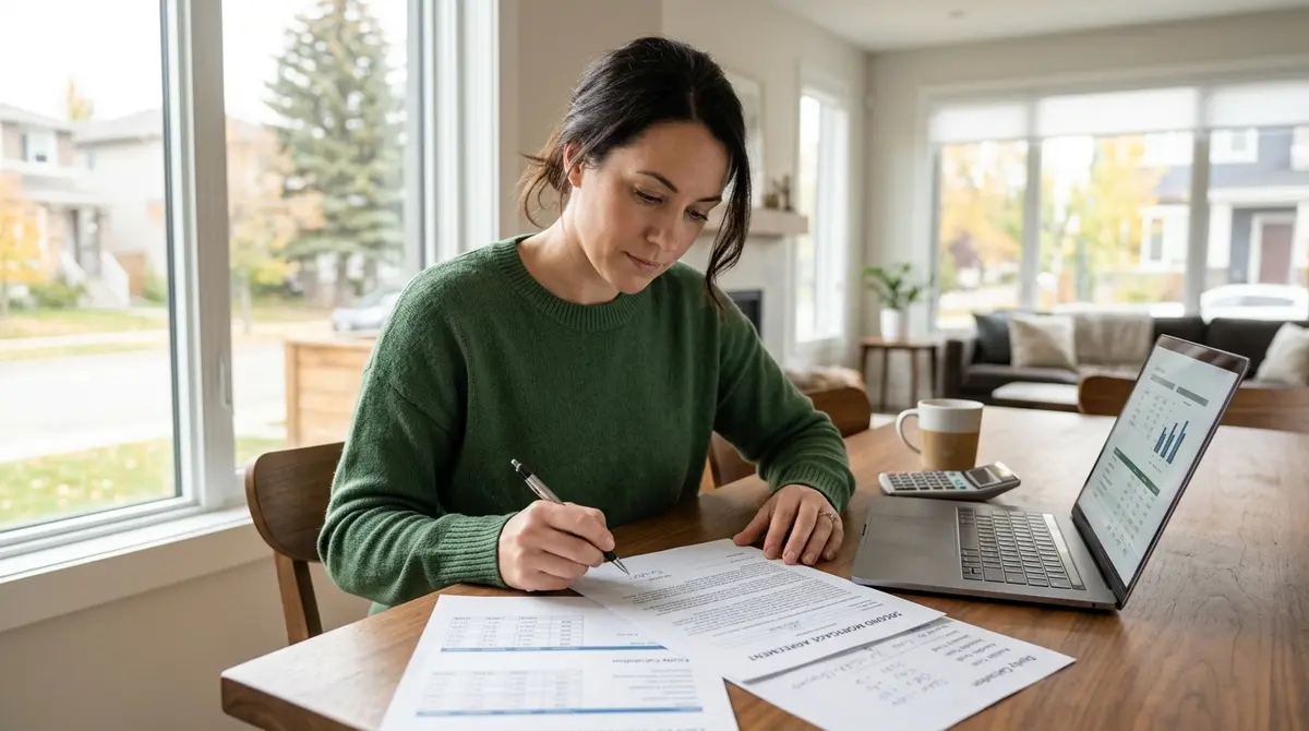 Calgary homeowner reviewing second mortgage documents and equity calculations at a dining table