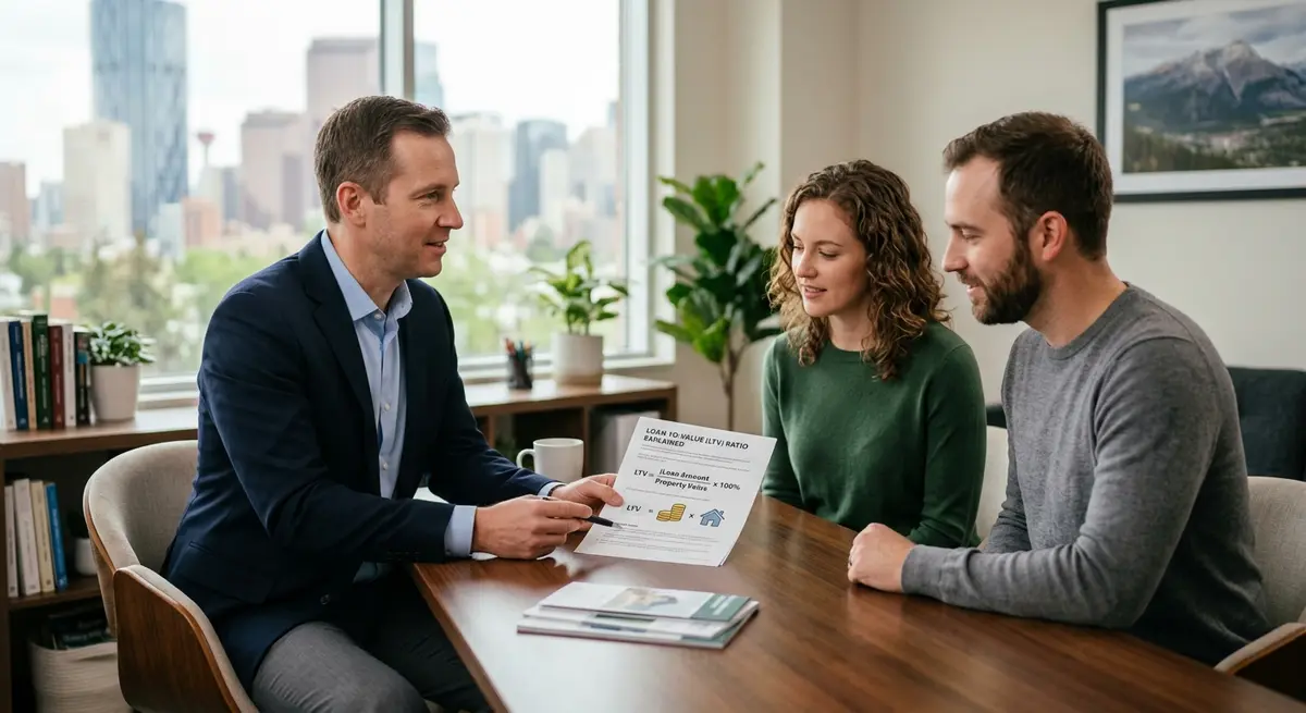 Financial advisor explaining loan-to-value ratios to a Calgary couple