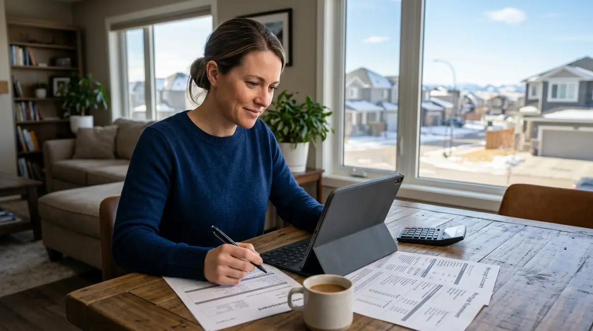 A Calgary homeowner reviewing financial documents and calculating home equity on a tablet