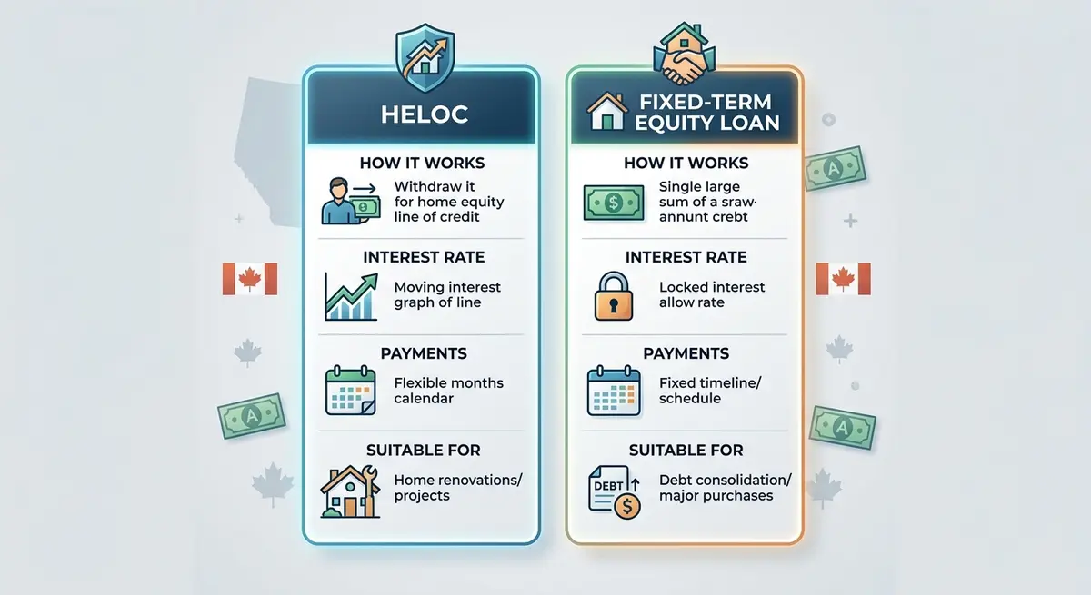 Comparison chart showing the differences between a HELOC and a fixed-term equity loan in Alberta