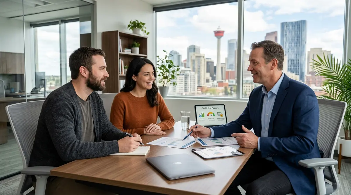 A mortgage broker explaining qualification criteria to a Calgary couple in a modern office
