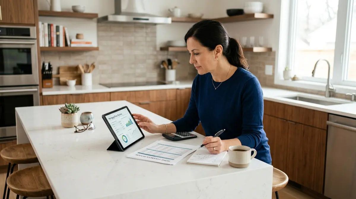 A homeowner reviewing financial documents and mortgage rates on a tablet at a kitchen island