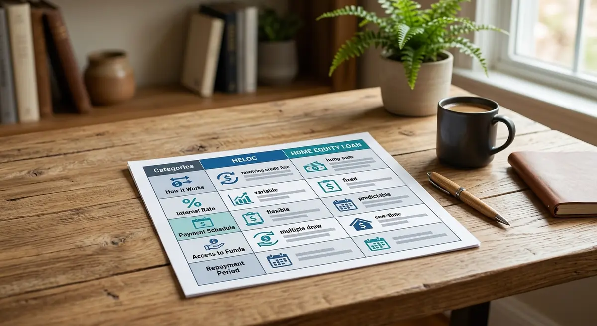A comparison chart showing the differences between a HELOC and a Home Equity Loan on a wooden desk