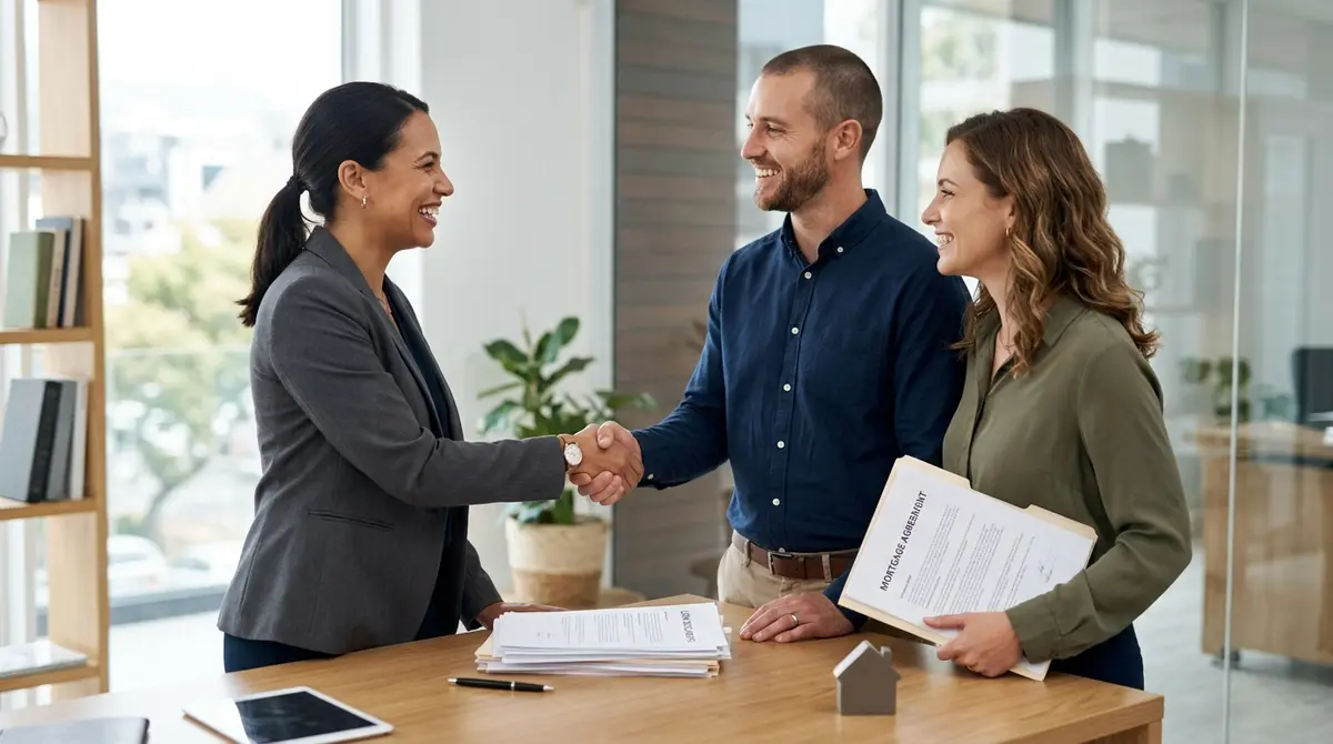 A couple shaking hands with a mortgage broker after successfully signing their loan documents