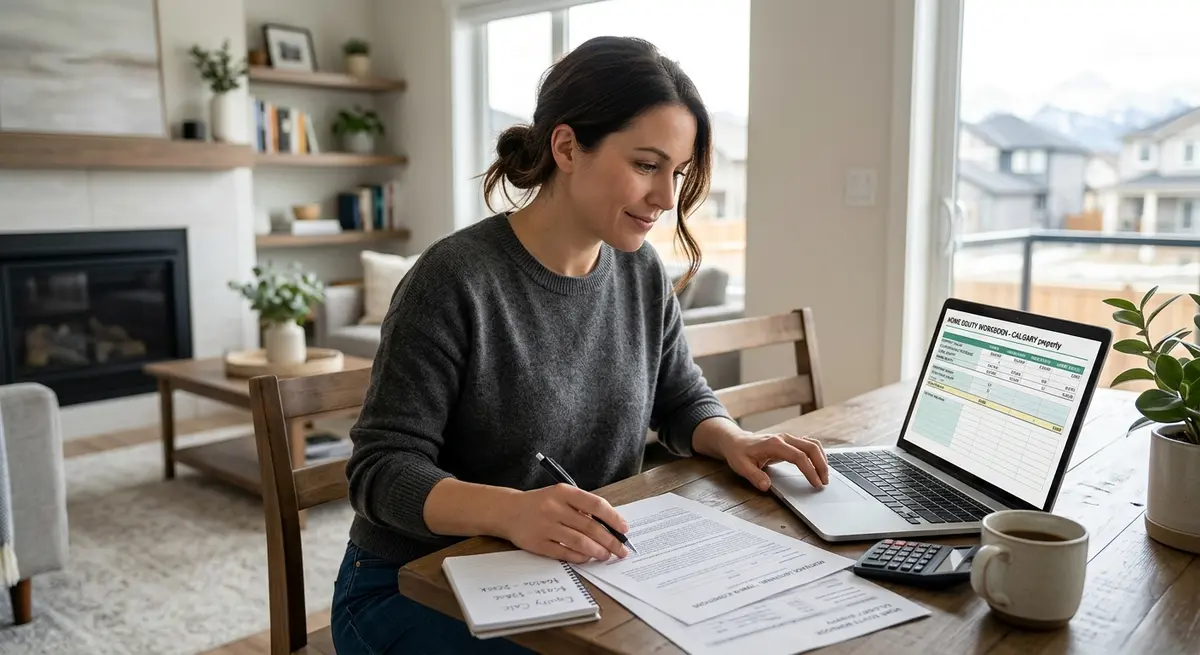 A Calgary homeowner reviewing mortgage documents and calculating home equity on a laptop