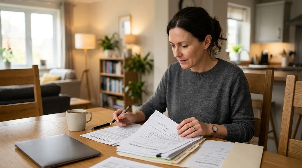 A homeowner reviewing mortgage documents and financial paperwork at a dining table