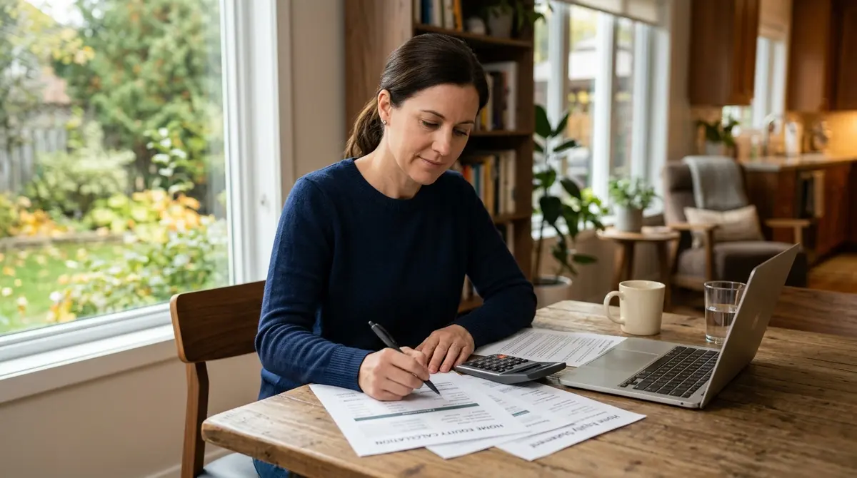 A Canadian homeowner reviewing financial documents and home equity calculations at a dining table