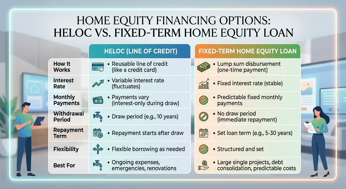 Comparison chart showing the differences between a HELOC and a fixed-term home equity loan