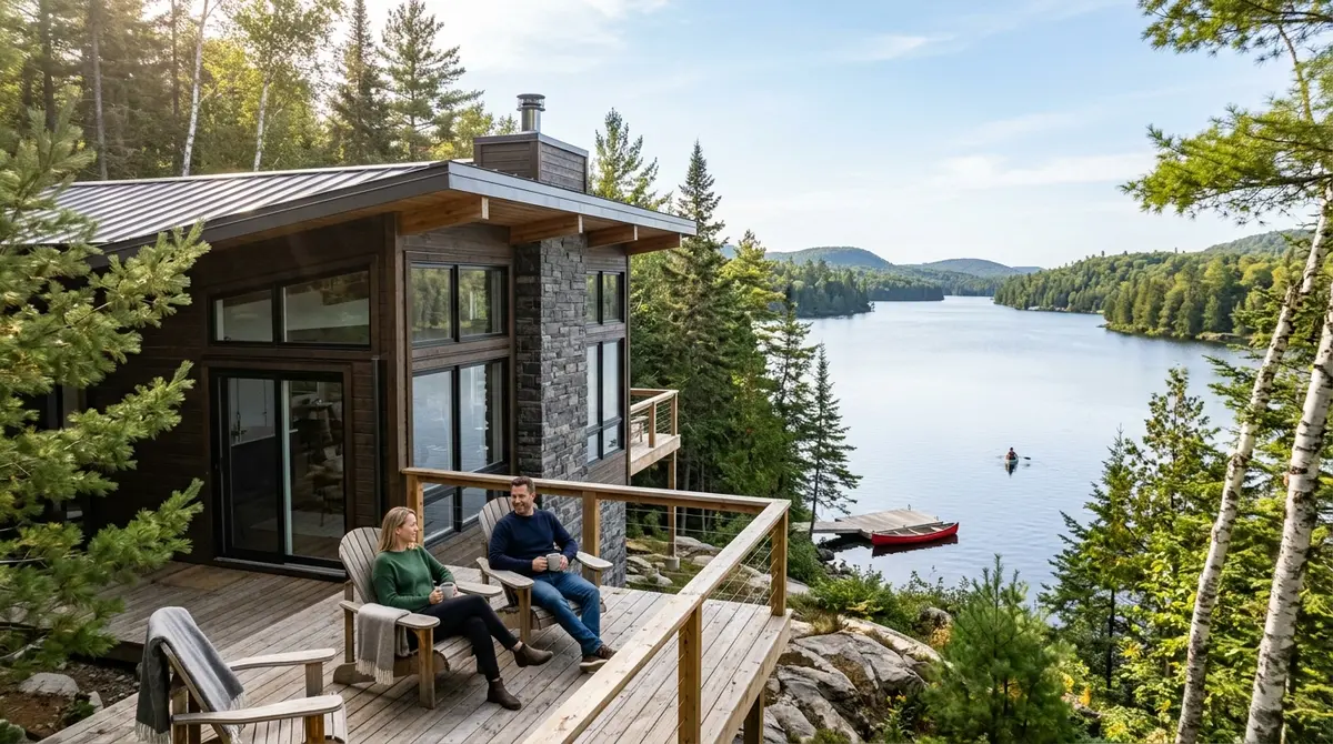 A modern lakeside cottage in Canada representing a financed second home