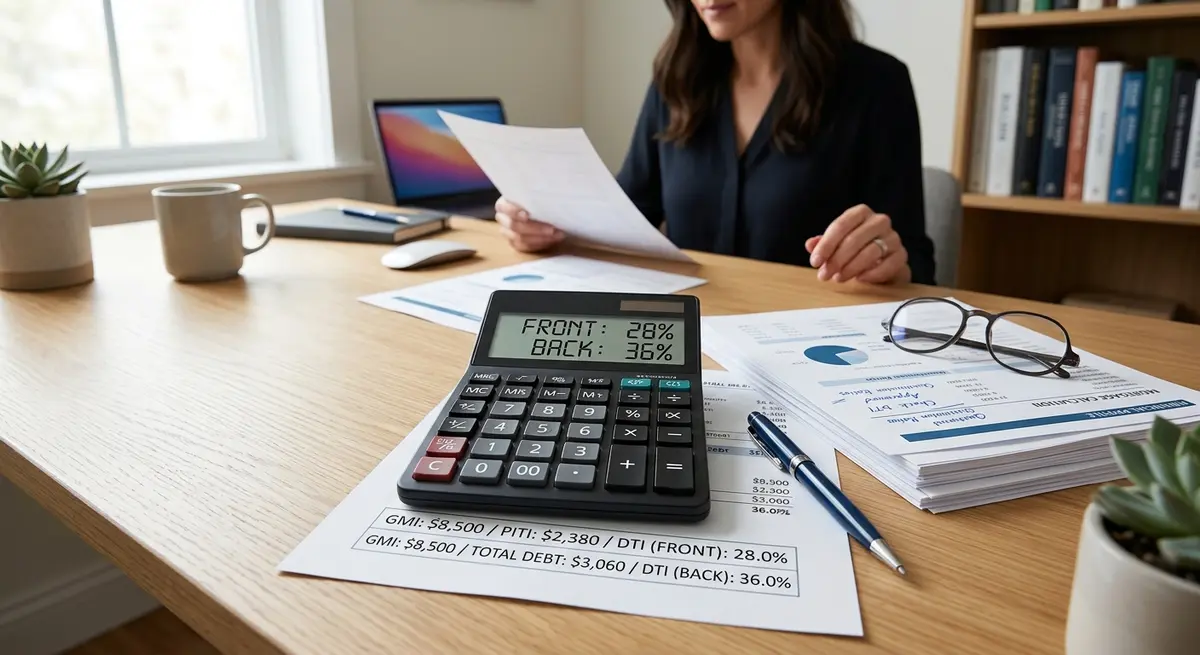 Financial documents and a calculator showing mortgage qualification ratios