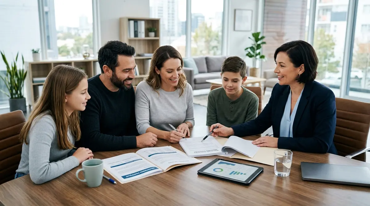 A family reviewing real estate investment documents with a mortgage broker