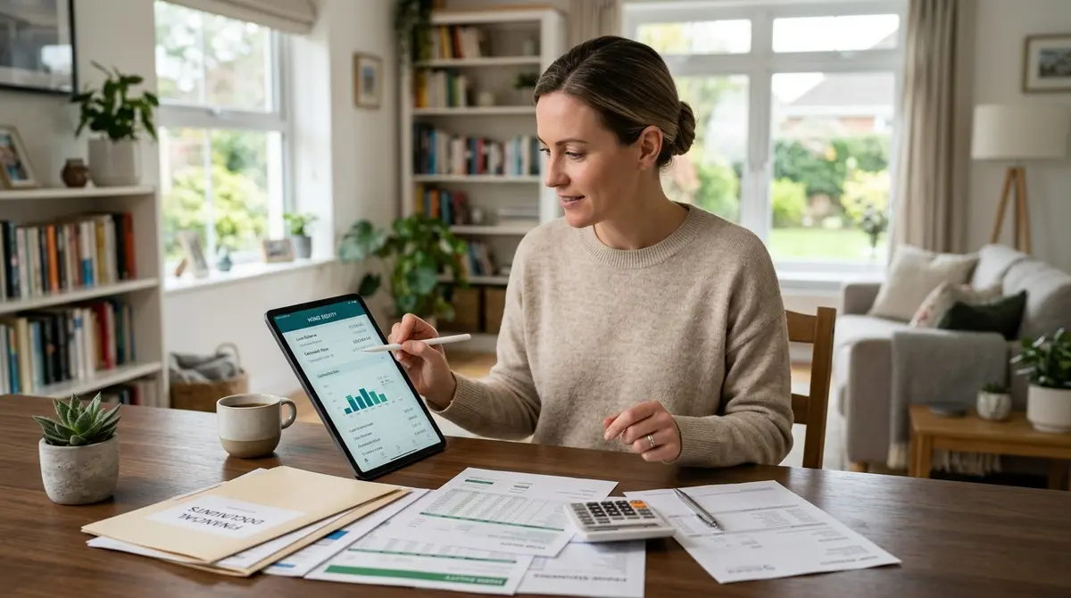 A homeowner reviewing financial documents and calculating home equity on a tablet