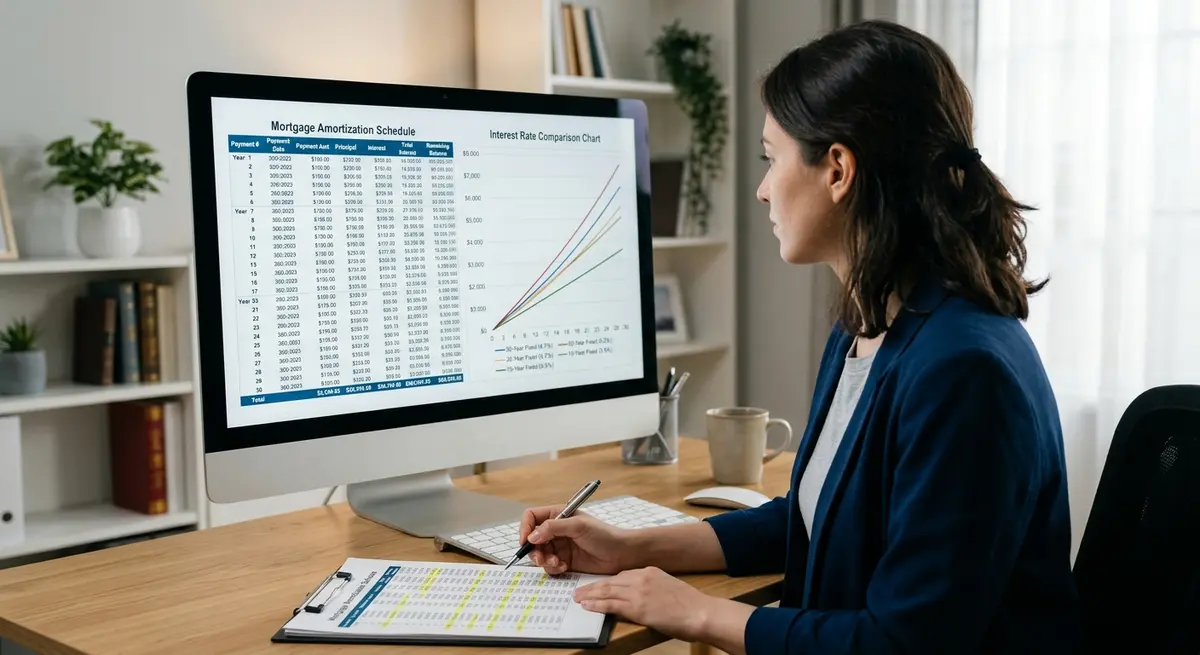 A detailed view of a mortgage amortization schedule and interest rate comparison chart
