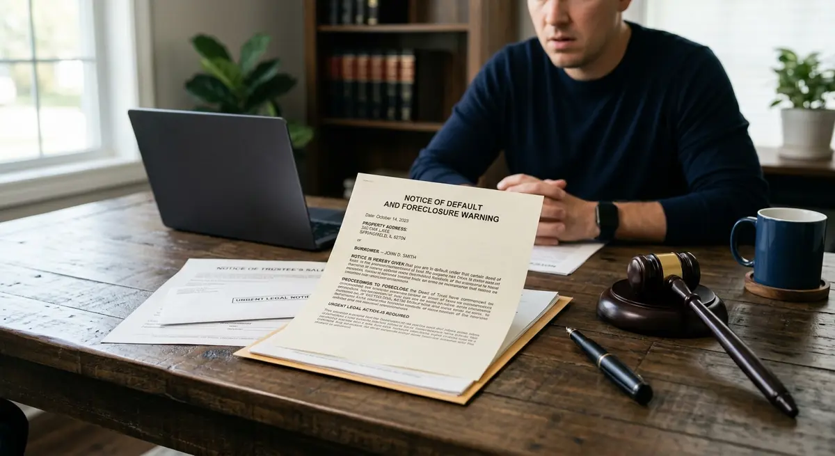 Legal documents showing a notice of default and foreclosure warning on a wooden desk