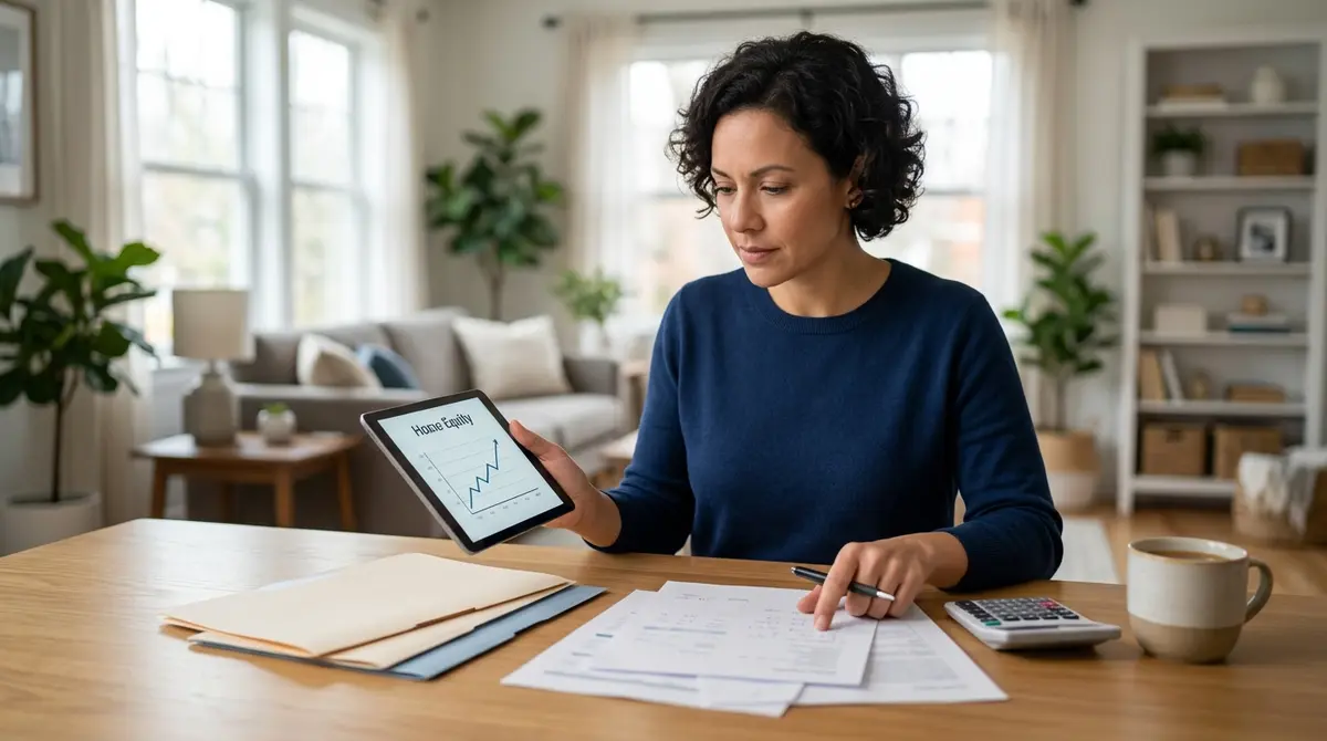 A homeowner reviewing financial documents and calculating home equity on a tablet