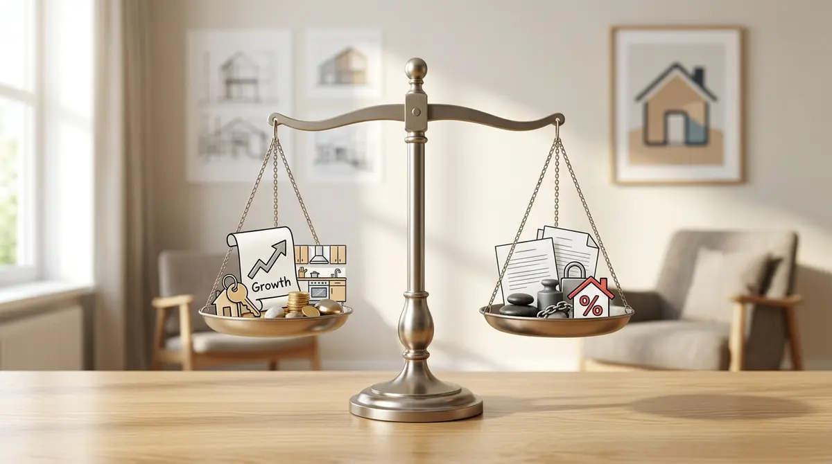 A balanced scale showing the pros and cons of home equity financing