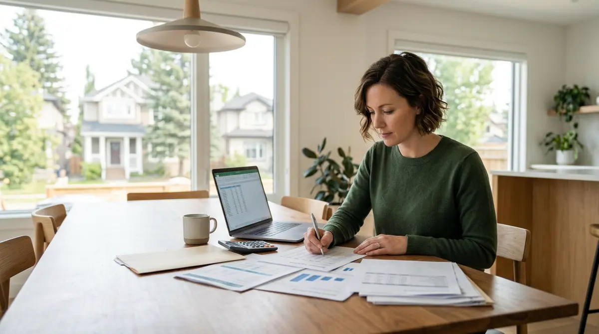 A Calgary homeowner reviewing mortgage documents and equity calculations at a dining table