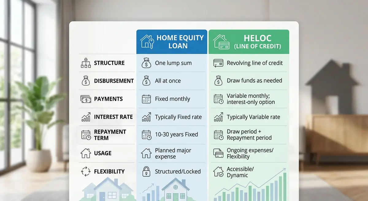 A comparison chart showing the differences between a Home Equity Loan and a HELOC