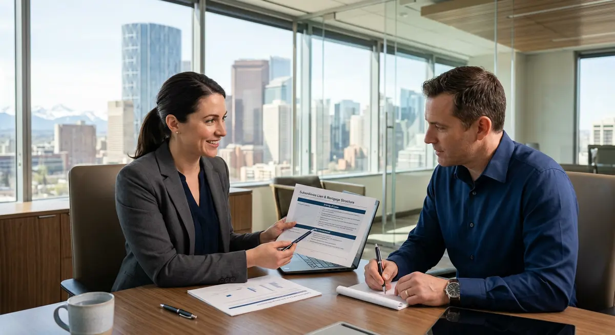 A financial advisor explaining subordinate lien risks to a client in a Calgary office