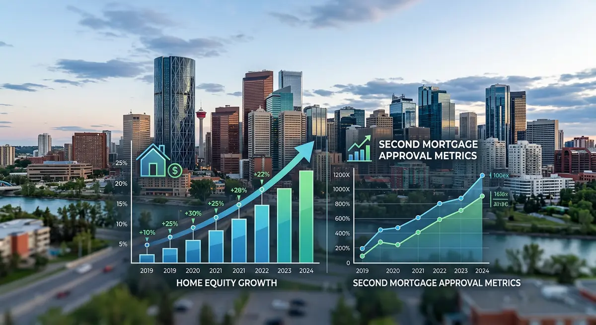 Calgary skyline with a graphical overlay showing home equity growth and second mortgage approval metrics