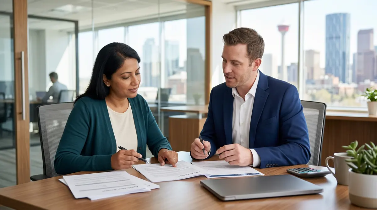 A homeowner reviewing second mortgage application documents with a financial advisor in Calgary