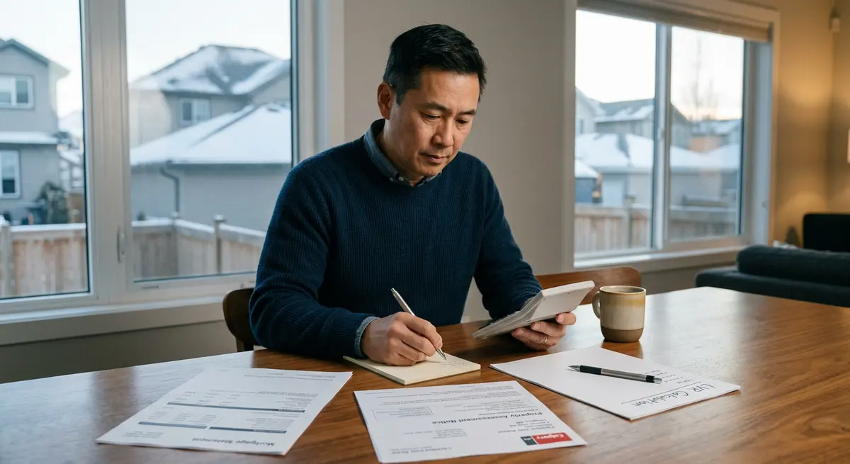 A homeowner reviewing financial documents and a calculator to determine their property's loan-to-value ratio in Calgary