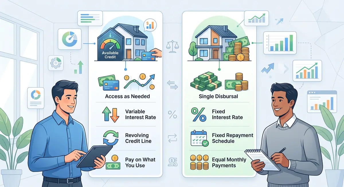 A comparison chart showing the differences between a Home Equity Line of Credit and a traditional lump-sum loan