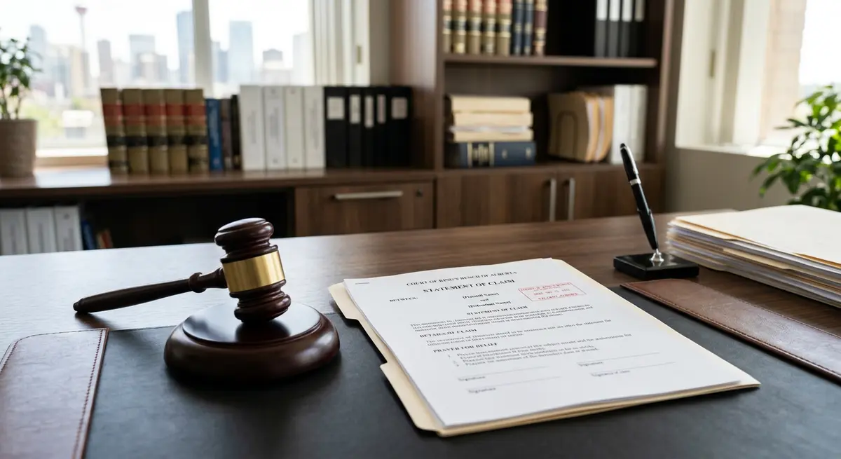 A legal document titled Statement of Claim sitting on a desk next to a gavel, representing the Alberta foreclosure process.
