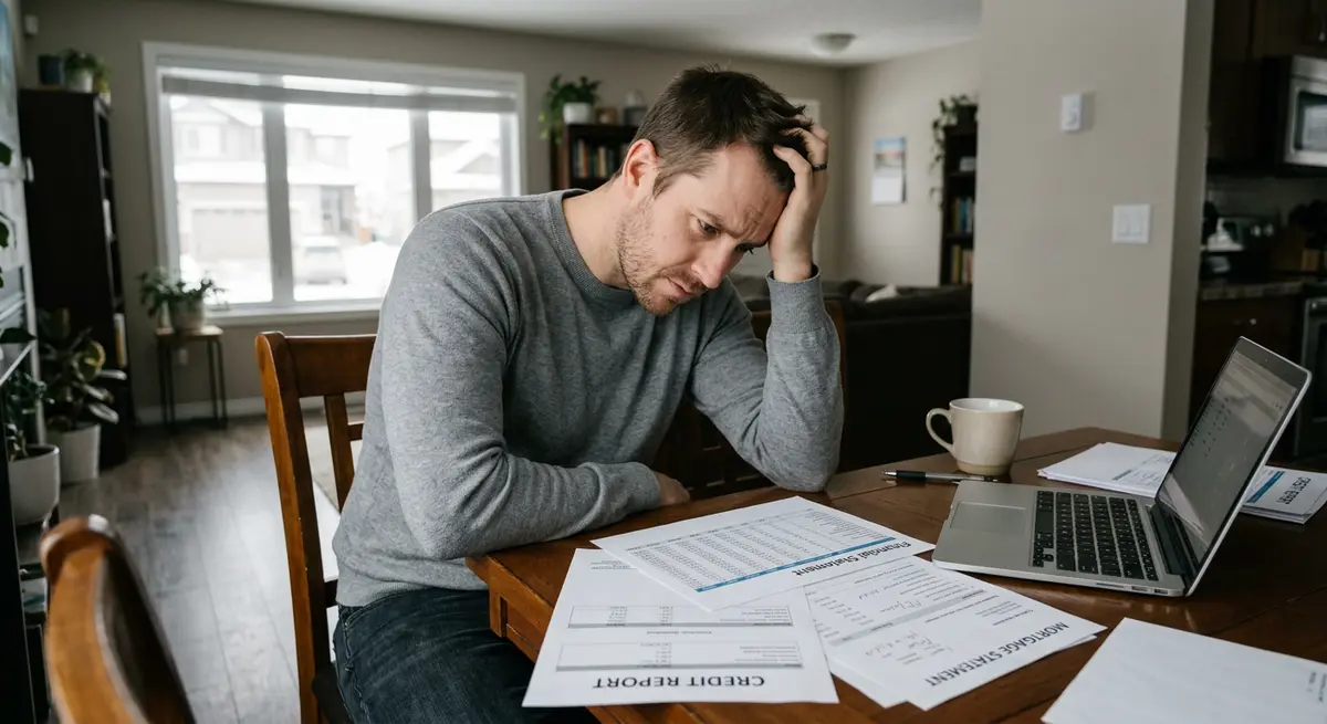 A distressed homeowner in Calgary reviewing financial documents and credit reports after a mortgage default.