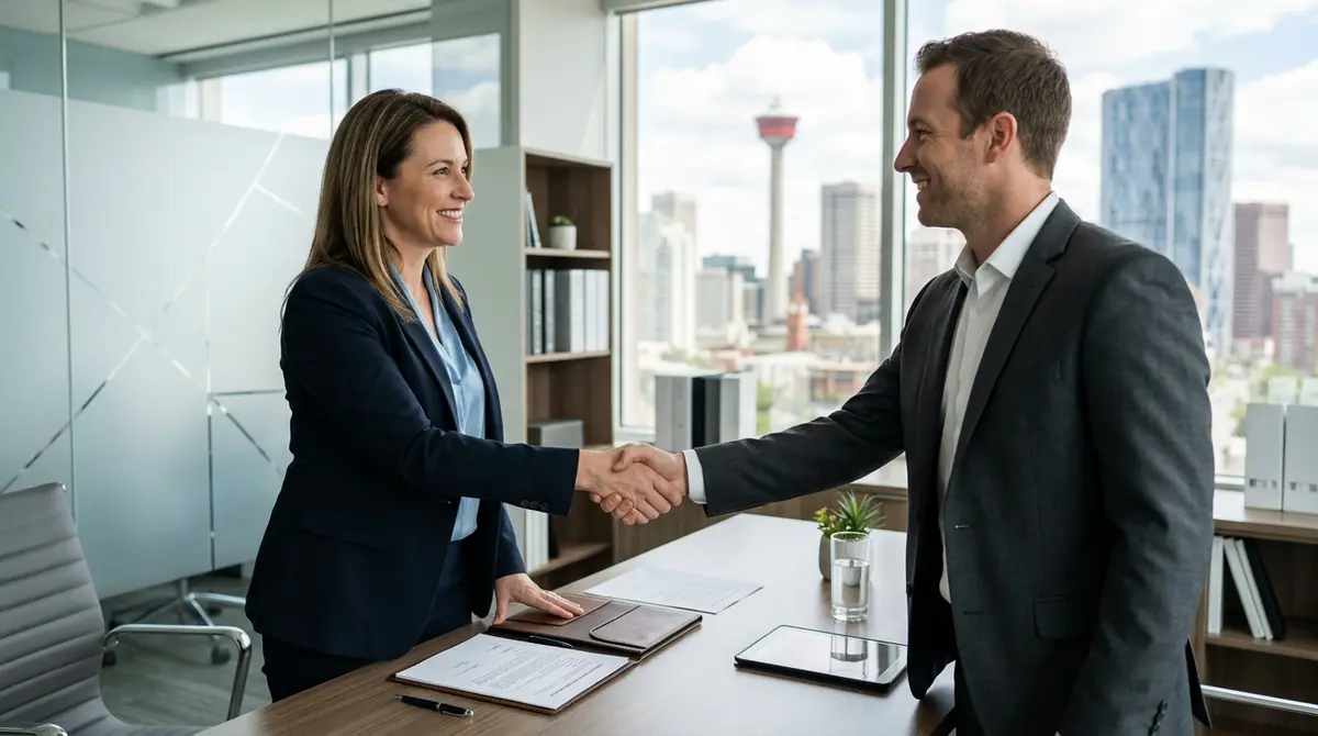 A Calgary mortgage broker shaking hands with a client after successfully restructuring a secondary financing agreement.