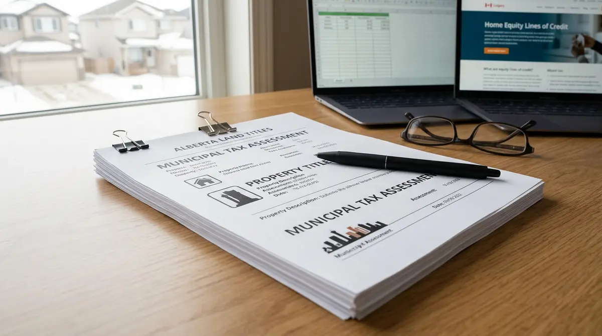 A neatly organized stack of property title documents and municipal tax assessments for a Calgary home equity application