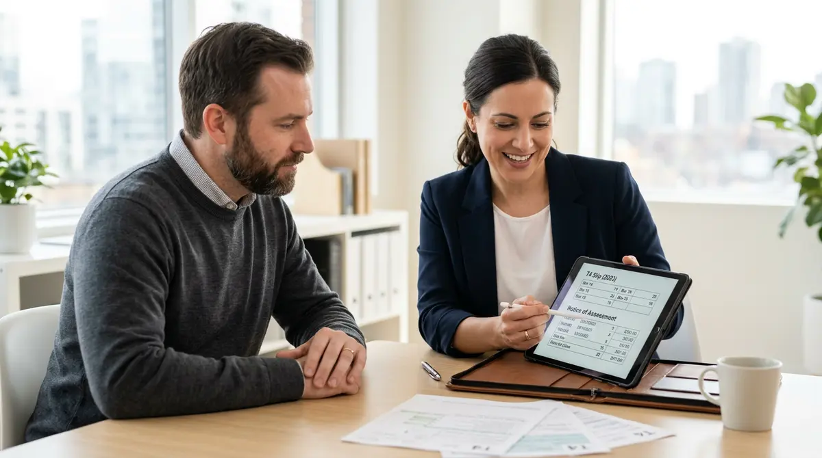 A financial planner reviewing T4 slips and Notice of Assessment documents with a client on a digital tablet