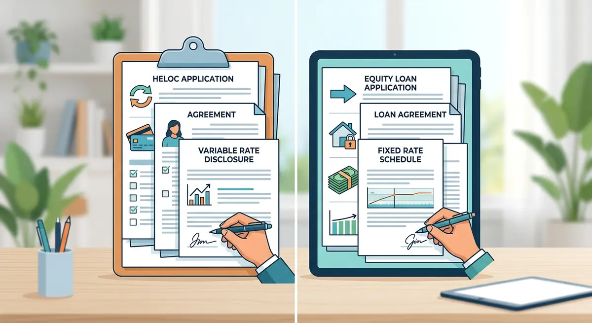 A side-by-side comparison chart showing paperwork differences between a HELOC and a fixed-term equity loan