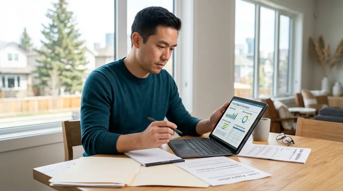A Calgary homeowner reviewing credit report documents and loan application paperwork on a digital tablet