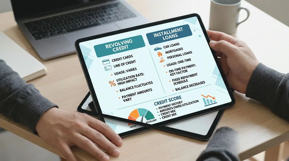 A comparison chart showing the difference between revolving credit and installment loans on a credit score