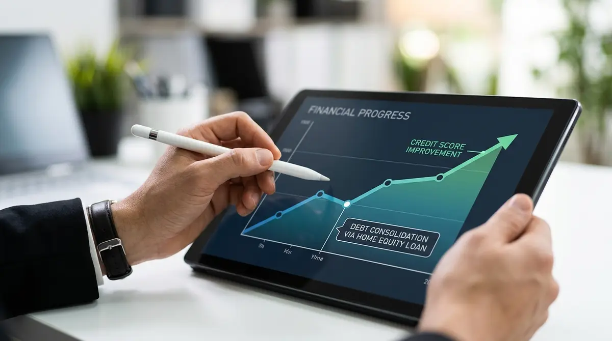 A graph showing a credit score increasing after consolidating high-interest debt with a home equity loan