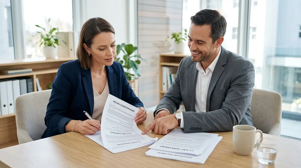 A homeowner reviewing legal documents and fee disclosures with a financial advisor at a desk