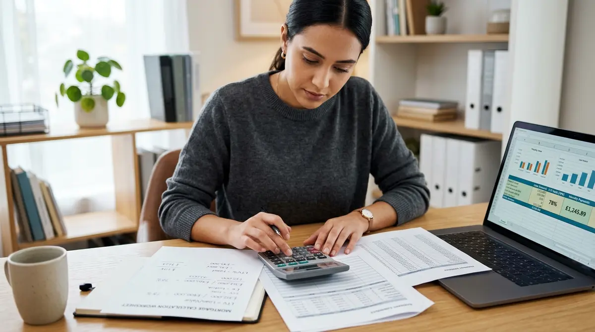 A person using a calculator to determine loan-to-value ratios and monthly payment schedules