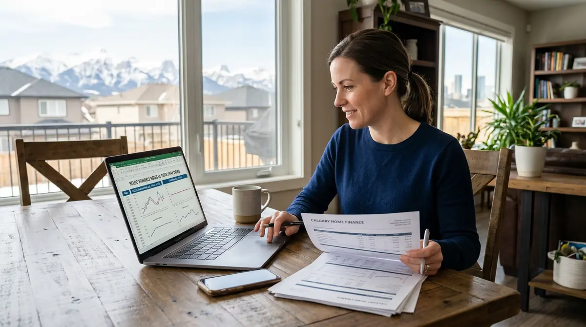 A Calgary homeowner reviewing financial documents and comparing HELOC variable rates with fixed loan terms on a laptop