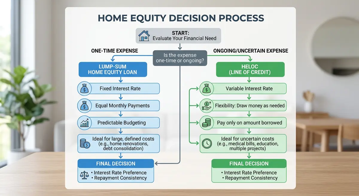 A step-by-step flowchart showing the decision process between choosing a HELOC and a lump-sum home equity loan