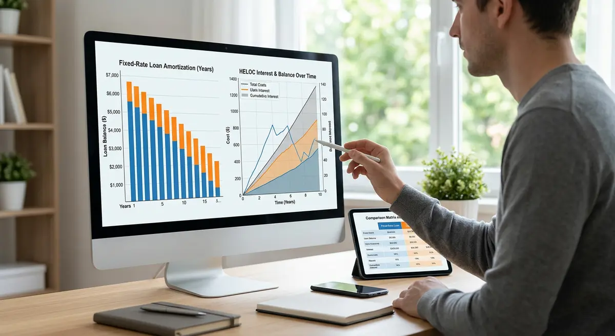 A detailed comparison chart showing the long-term amortization and interest costs of a HELOC versus a fixed-rate home equity loan