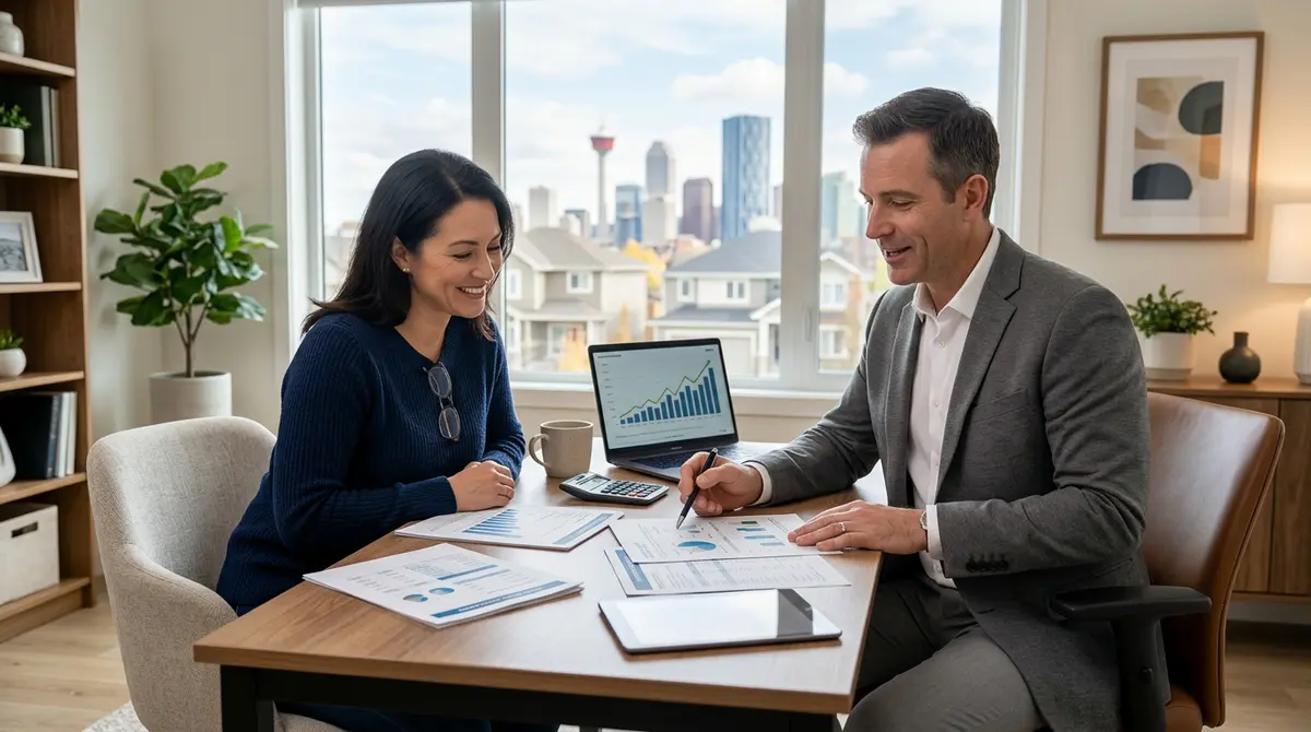 Calgary homeowner reviewing home equity calculation documents with a financial advisor