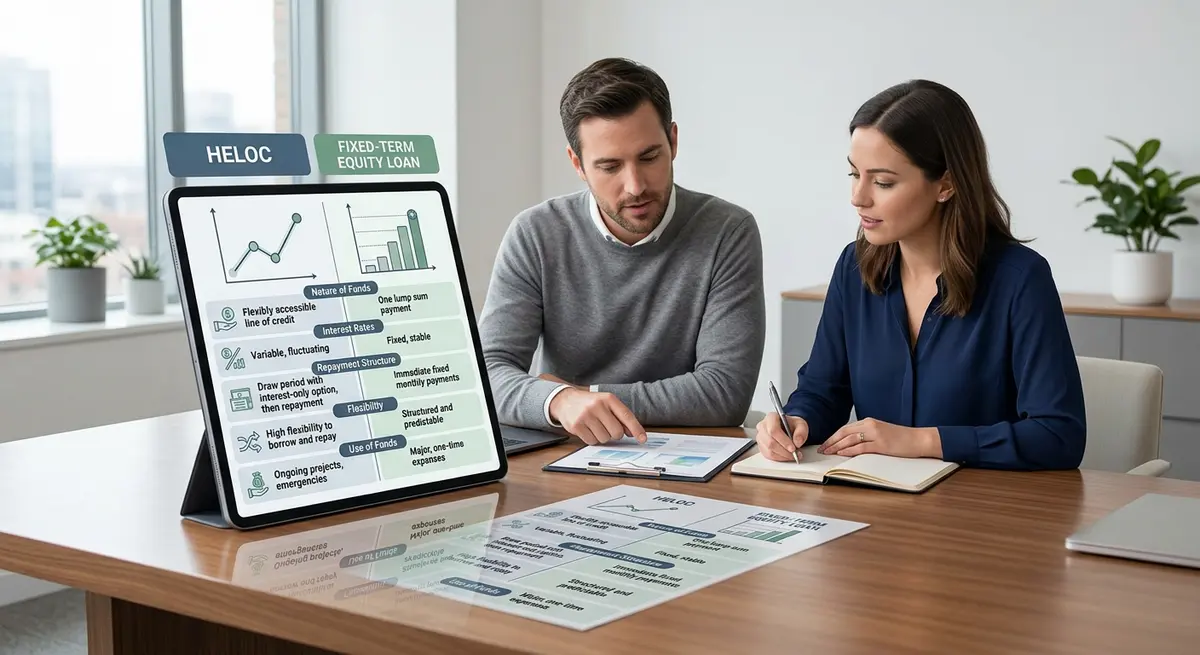 Comparison chart showing HELOC versus fixed-term equity loan features