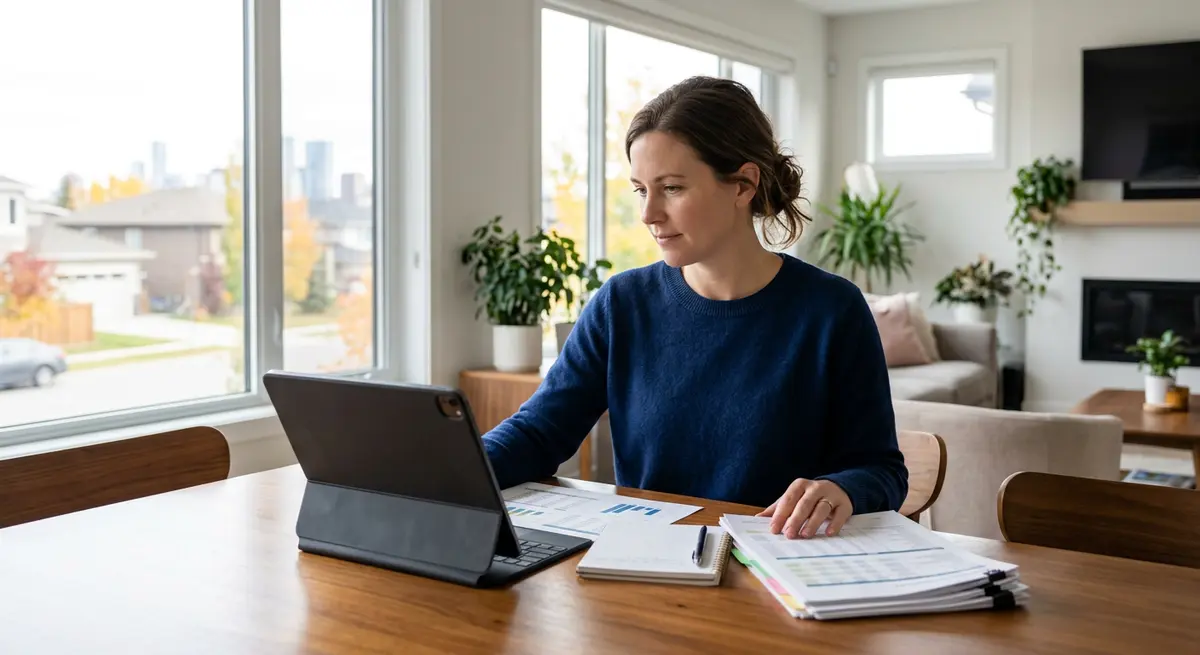 A Calgary homeowner reviewing mortgage amortization schedules and financial planning documents on a tablet