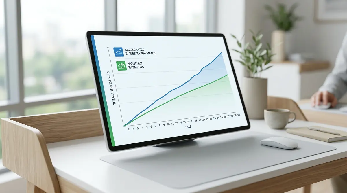 Comparison chart showing the interest saved over time using accelerated bi-weekly mortgage payments versus monthly payments