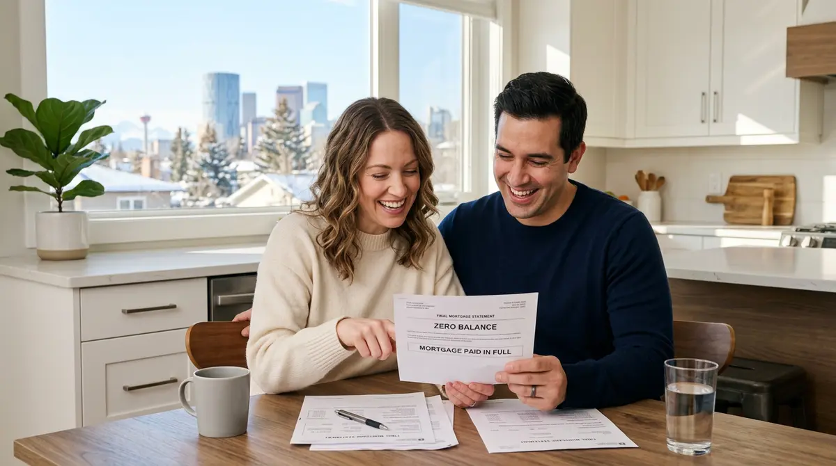 A couple sitting at their kitchen table in Calgary, happily reviewing a zero-balance mortgage statement