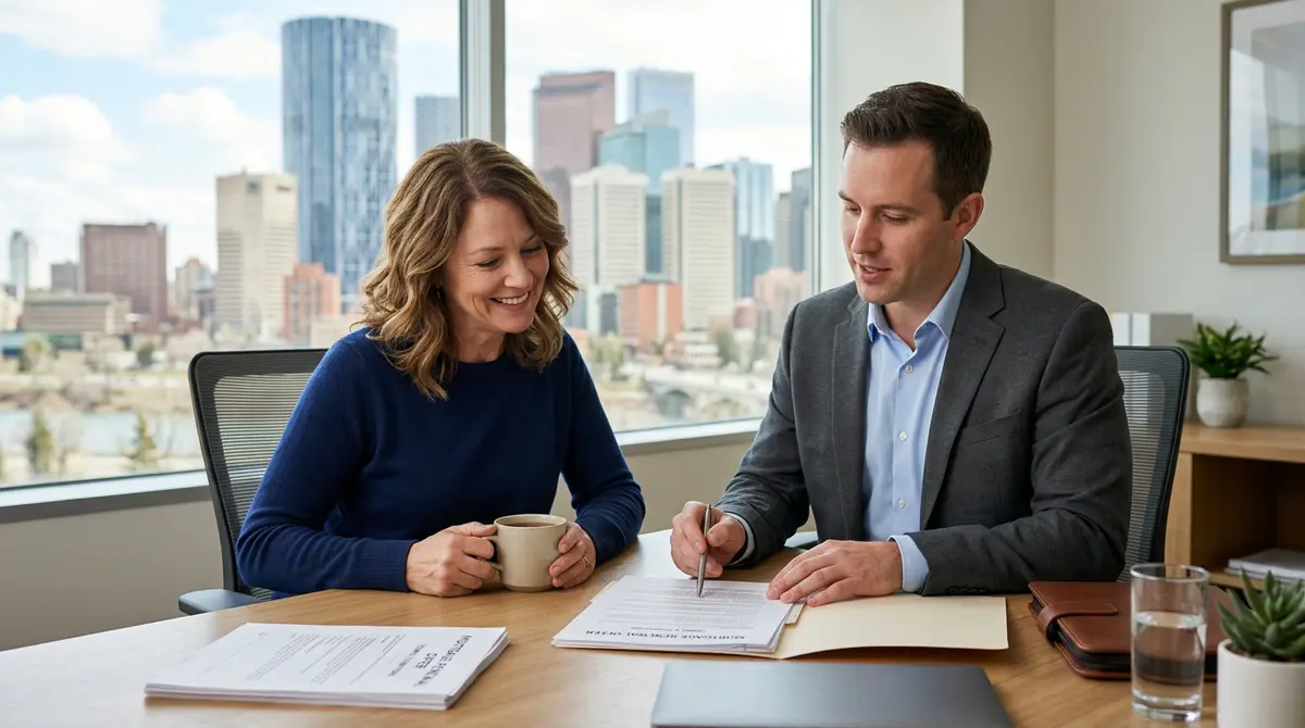Calgary homeowner reviewing mortgage renewal documents with a financial advisor
