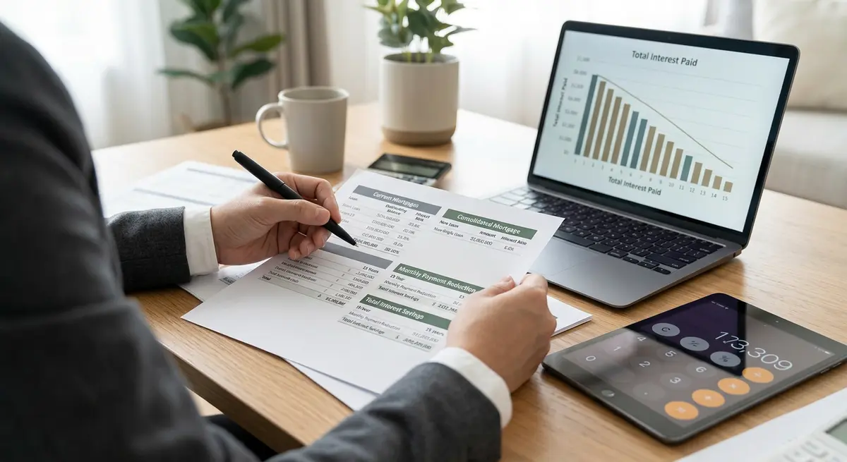 Financial documents showing mortgage consolidation calculations and interest savings
